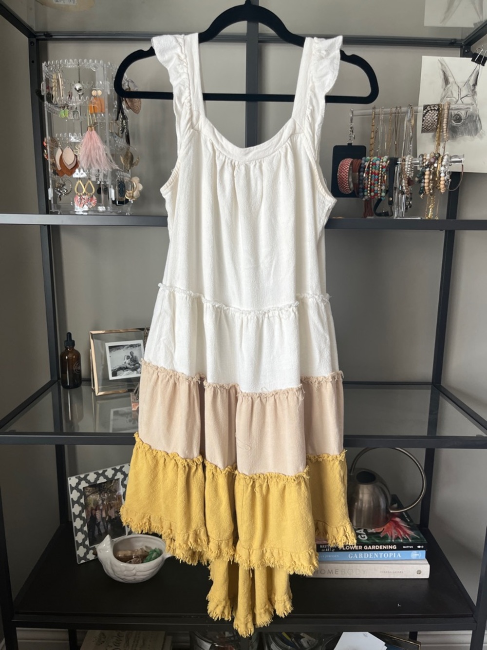 white birch Cream, Tan, & Mustard Tiered Ruffle Sundress; Cotton/Linen Blend